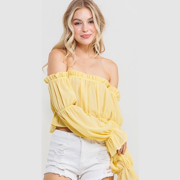 Yellow Long Sleeve Off The Shoulder Wooldobby Top - Picture 3 of 4